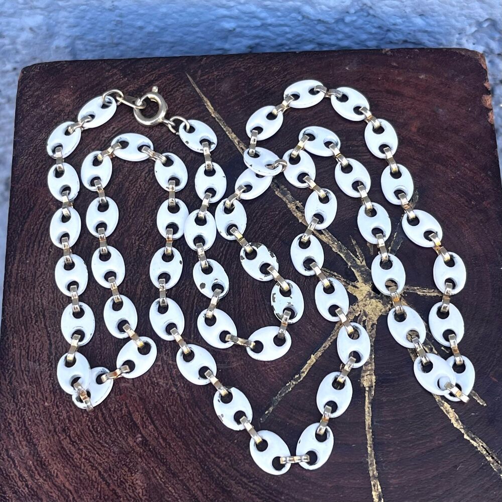 Vintage White Enamel Mariner Chain Necklace Costume Jewelry